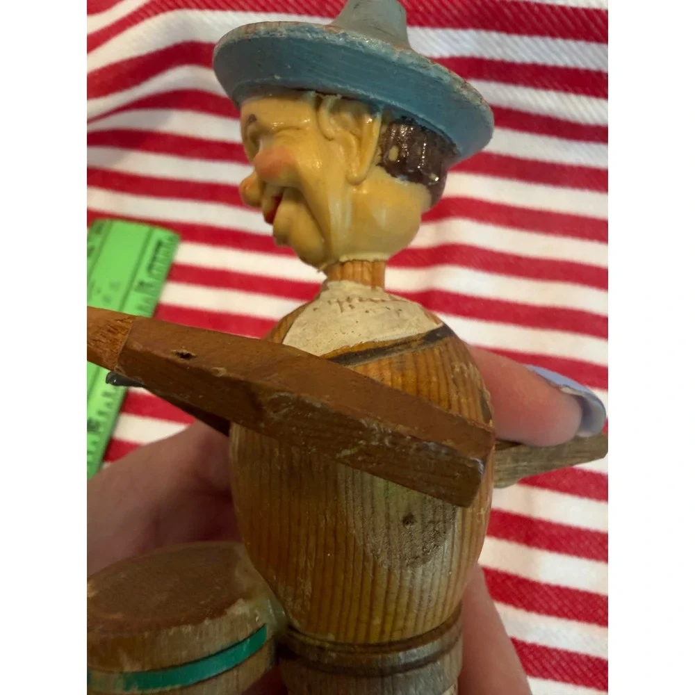 Vintage Hand Carved Wood Mechanical Drummer Bottle Stopper Anri Style Folk Art